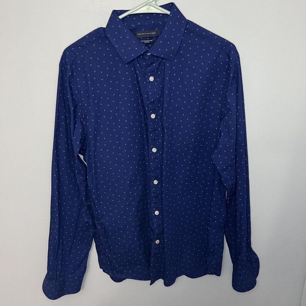 Tommy Hilfiger Men Dress Shirt Blue Red White No Tuck Slim Fit Long Sleeve Large